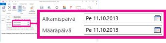 Määritetyn tehtävän alkamispäivän ja määräpäivän ominaisuudet