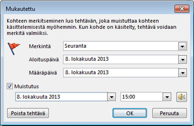 Muistutusten, alkamispäivän ja määräpäivän määrittämisen Mukauta-valintaikkuna