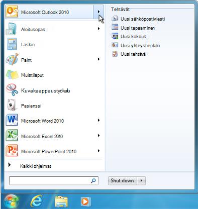 Windows 7:n käynnistysvalikkoon kiinnitetty Outlook 2010 -pikaluettelo
