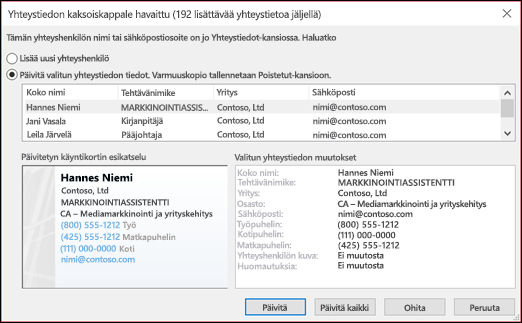 Valitse, mitä haluat tehdä päällekkäisten yhteystietojen kanssa.