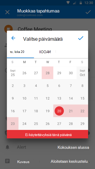Valitse päivämääräkalenteri, jossa 20. lokakuuta on valittu punaisella ja tänä päivänä ei ole saatavilla olevia kohtia.