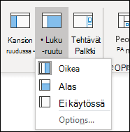 Näyttökuvassa lukuruudun asetteluvaihtoehdot.