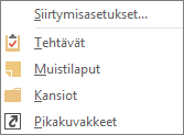 Valitse pikavalintapalkista Lisää (kolme pistettä), jos haluat tarkastella siirtymisasetuksia