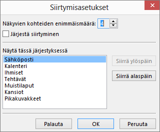 Pikavalintapalkin palkissa Siirtymisasetukset-valintaikkuna