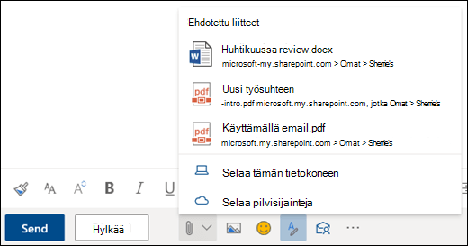 Liitetiedostojen liittäminen ehdotettujen liitteiden näyttämiseen
