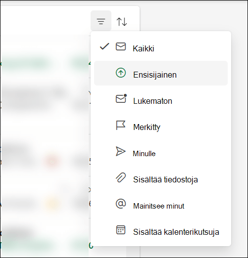 Outlookin viestisuodatinvalikko, jossa näkyy, että Suuri prioriteetti on vaihtoehto.