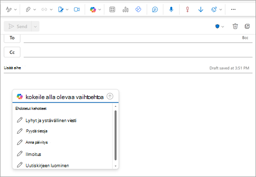 Näyttää Uuden Outlookin sähköpostisivun, jossa on kehoteikkuna, jossa normaalisti alat kirjoittaa sähköpostia.
