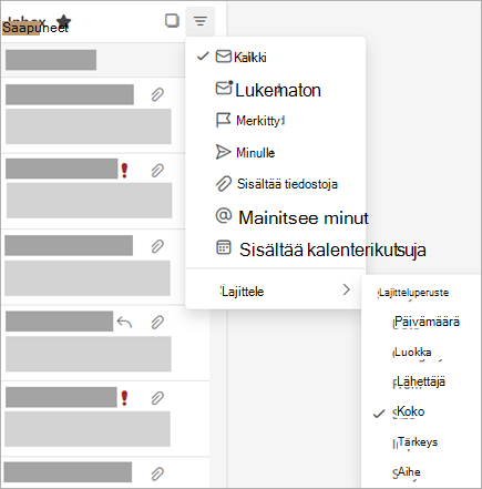 Näyttökuva Suodatin-valikosta, jossa Lajitteluperuste on valittuna