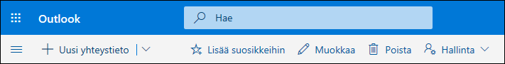 Näyttökuva, jossa näkyy Ihmiset-komentopalkin toimintoja, kuten Uusi yhteystieto, Muokkaa, Poista, Lisää suosikkeihin ja Hallinta.