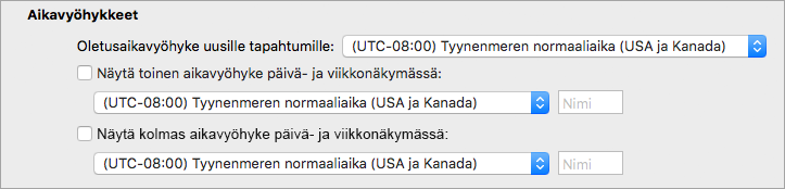 Näyttää toisen ja kolmannen aikavyöhykkeen Calendar asetuksissa
