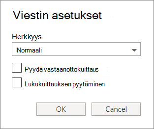 Näyttökuvassa näkyy Viestin asetukset -valintaikkuna, jossa näkyvät asetukset luottamuksellisuustason määrittämiseksi ja vastaanotto- tai lukukuittauksen pyytämiseksi.