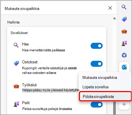Poista Outlook Microsoft Edgen sivupalkista.