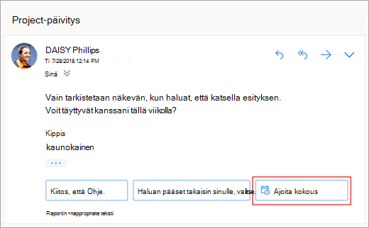 Näyttökuva kokouksen ajoittamiseen liittyvästä vastausehdotuksesta
