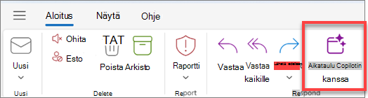 Aikataulua Copilotilla voi käyttää sähköpostitoimintojen työkalurivillä