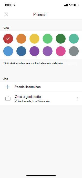 Näyttää kalenterin mobiilinäytössä. Jaa-osassa on linkki, jossa lukee Lisää People.