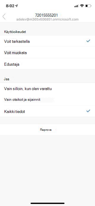 Näyttää mobiilinäytön, jonka yläreunassa on henkilön nimi, sekä sen alla lueteltuina käyttöoikeusasetukset ja jakamisasetukset.