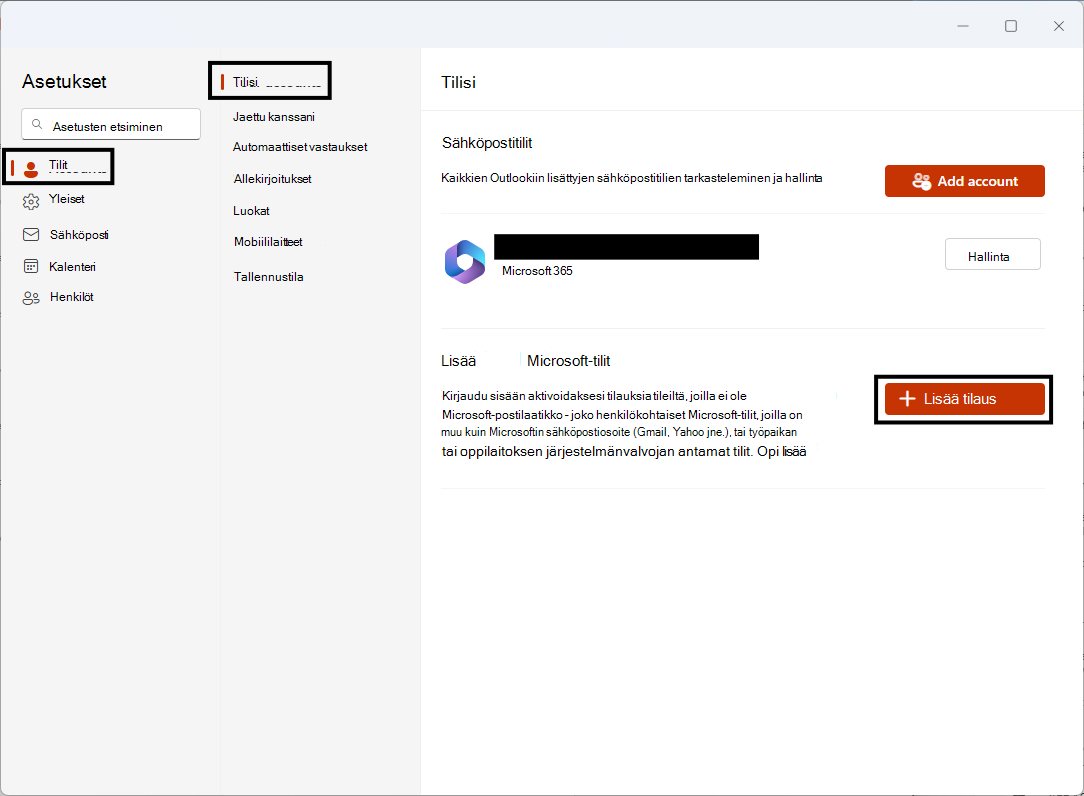 Microsoft-lisätilien lisääminen Tilit > omat tilit -asetussivulla