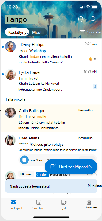 Näyttö, jossa näkyy, miltä teema näyttää, kun sitä käytetään Outlook Mobilessa