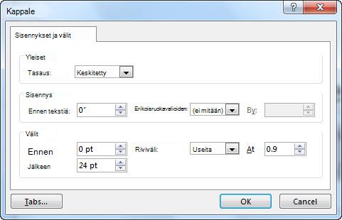 PowerPointin Kappale-valintaikkuna