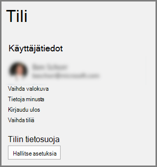 Tili-paneeli, jossa näkyy Tilin tietosuoja, Asetusten hallinta -painike