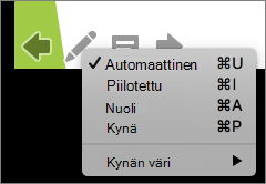 Näyttökuvassa näkyy diaesityksessä käytettävän osoittimen käytettävissä olevat asetukset. Asetukset ovat Automaattinen, Piilotettu, Nuoli, Kynä ja Kynän väri.