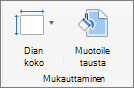 Näyttökuvassa näkyy Mukauta-ryhmän Dian koko- ja Muotoilu-asetukset.