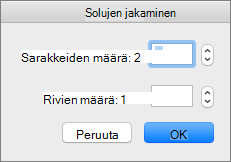 Näyttökuvassa näkyy Jaa solut -valintaikkuna, jossa on asetukset sarakkeiden ja rivien määrän määrittämiseen.