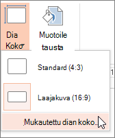 Mukautettu dian koko -valikkovaihtoehto