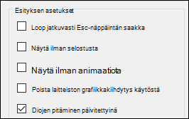 Diaesityksen määrityksissä esityksen asetusryhmässä on käytössä diojen pitäminen ajan tasalla.