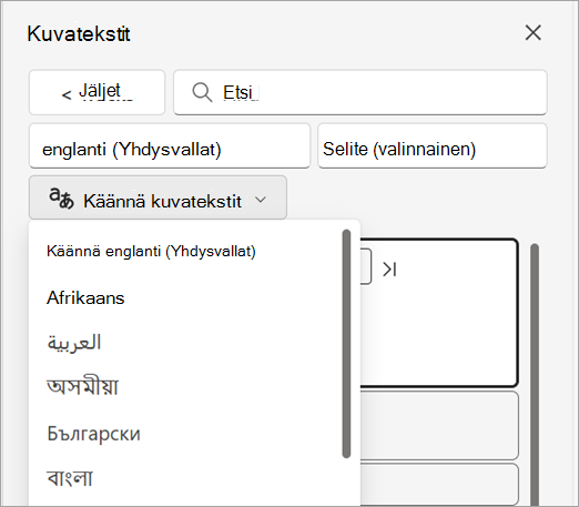 Käännä kuvatekstit -avattava luettelo Kuvatekstit-ruudussa.
