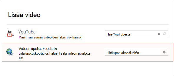 näyttää powerpointin Upota video -vaihtoehdon