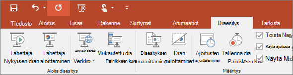 Näyttää Diaesitys-välilehden PowerPointin valintanauhassa
