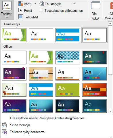 PowerPointin Dian perustyyli -kohdan Teemat-asetus