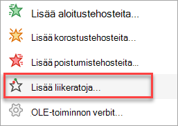 Lisää animaatio -valikon liikeratoja ei löydy.