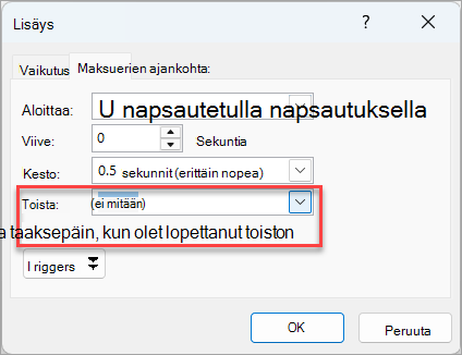 Fly In -tehosteen lisäasetukset.