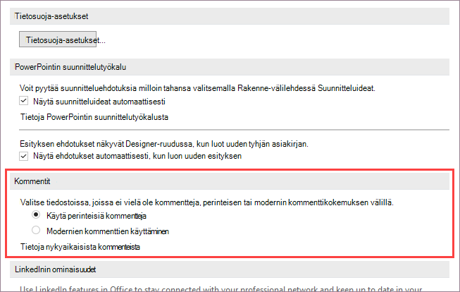 Modernin kommentin asetukset