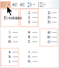 Numeroituja luettelotyylejä sisältävä valikoima PowerPoint Onlinessa