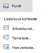 Valitse valintanauhan Lisää-välilehdessä Kuvat ja valitse sitten valikosta haluamasi kuvatyyppi.