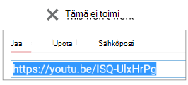 Jos upotuskoodi alkaa http-toiminnolla, videota ei upoteta onnistuneesti.