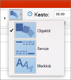 Näyttää PowerPoint 2016 for Mac -sovelluksen muodonvaihdon tehosteasetukset