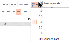 Valintanauhan Riviväli-valikkoasetusten avulla voit valita yhden rivivälin, kaksinkertaisen välilyönnin tai muita pystysuuntaisen rivivälin asetuksia.