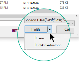 Lisää video -valintaikkunassa voit valita joko Lisää (eli Upota) tai Linkitä tiedostoon.
