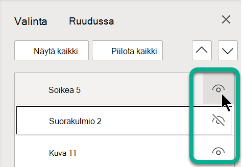 Käytä valintaruudussa minkä tahansa objektin oikealla puolella olevaa silmäsymbolia sen näyttämiseen tai piilottamiseen.