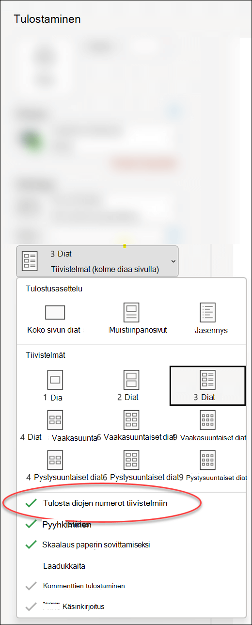 PowerPointin Tulosta-valintaikkuna, jossa näkyy vaihtoehto, jolla dianumerot tulostetaan tiivistelmien päälle.