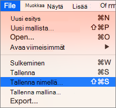 Näyttää tiedoston > tallenna nimellä -valikon PowerPoint 2016 for Mac.