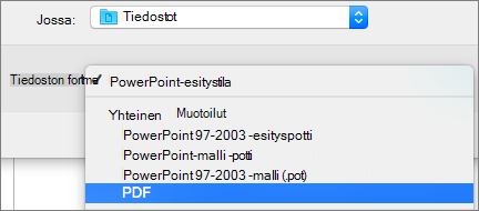 Näyttää PDF-vaihtoehdon Tallenna nimellä -valintaikkunan Tiedostomuodot-luettelossa PowerPoint 2016 for Macissa.