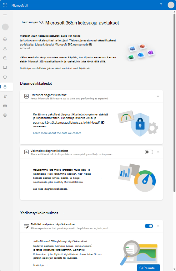 Microsoft 365:n tietosuoja-asetusten sivu, jossa on vaihtoehtoja diagnostiikkatietojen ja yhdistettyjen kokemusten hallintaan.