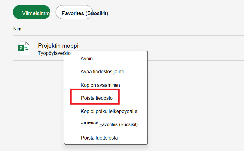 Näyttökuva Poista tiedosto -vaihtoehdosta.