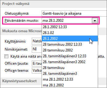 Päivämäärämuoto-luettelo Projectin asetukset -valintaikkunassa