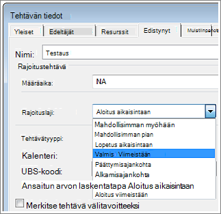 Tehtävän tiedot -valintaikkuna, Rajoitustyyppivalikko